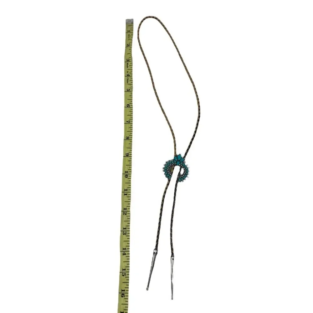 Boho Western Faux Turquoise Bolo Tie Necklace Squash Blossom Brown Tan Rodeo - Picture 5 of 5